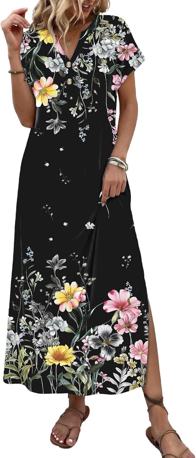 imageZeagoo Summer Dresses for Women 2026 Maxi Dresses Vacation Sundress Short Sleeve Casual Sundresses Split Dress with PocketsFloralwf120