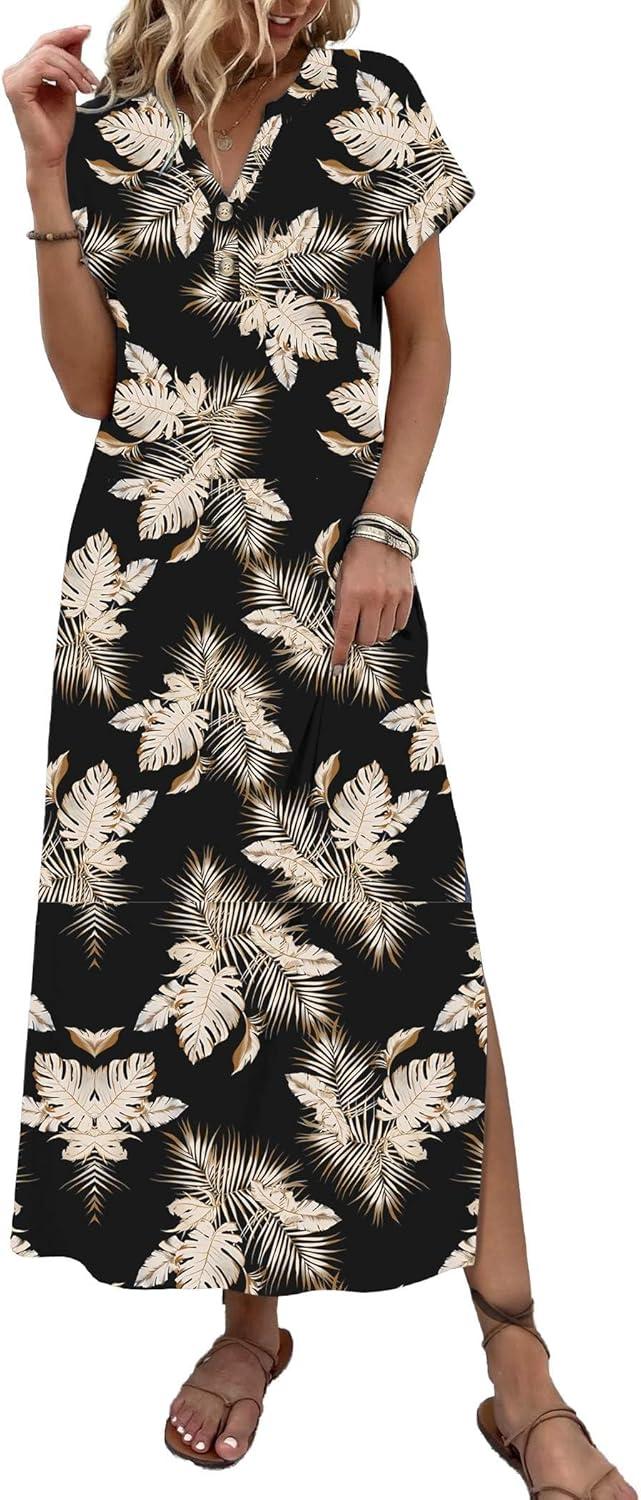 imageZeagoo Summer Dresses for Women 2026 Maxi Dresses Vacation Sundress Short Sleeve Casual Sundresses Split Dress with PocketsFloralzw29