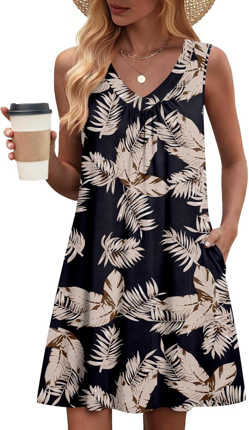 imageZeagoo Summer Dresses for Women 2026 Sleeveless Dress V Neck Tank Dress Pleated Floral Tshirt Sundresses with PocketsBlack Khaki Leaf