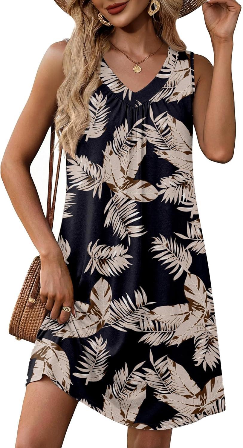 imageZeagoo Summer Dresses for Women 2026 Sleeveless Dress V Neck Tank Dress Pleated Floral Tshirt Sundresses with PocketsBlack Khaki Leaf