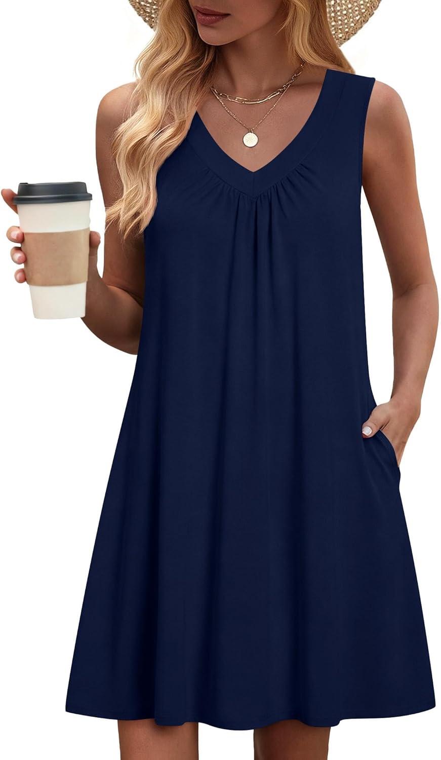 imageZeagoo Summer Dresses for Women 2026 Sleeveless Dress V Neck Tank Dress Pleated Floral Tshirt Sundresses with PocketsNavy Blue