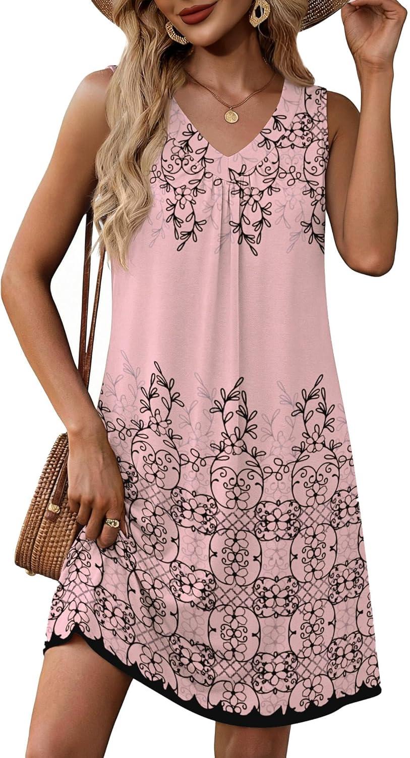 imageZeagoo Summer Dresses for Women 2026 Sleeveless Dress V Neck Tank Dress Pleated Floral Tshirt Sundresses with PocketsPink Print