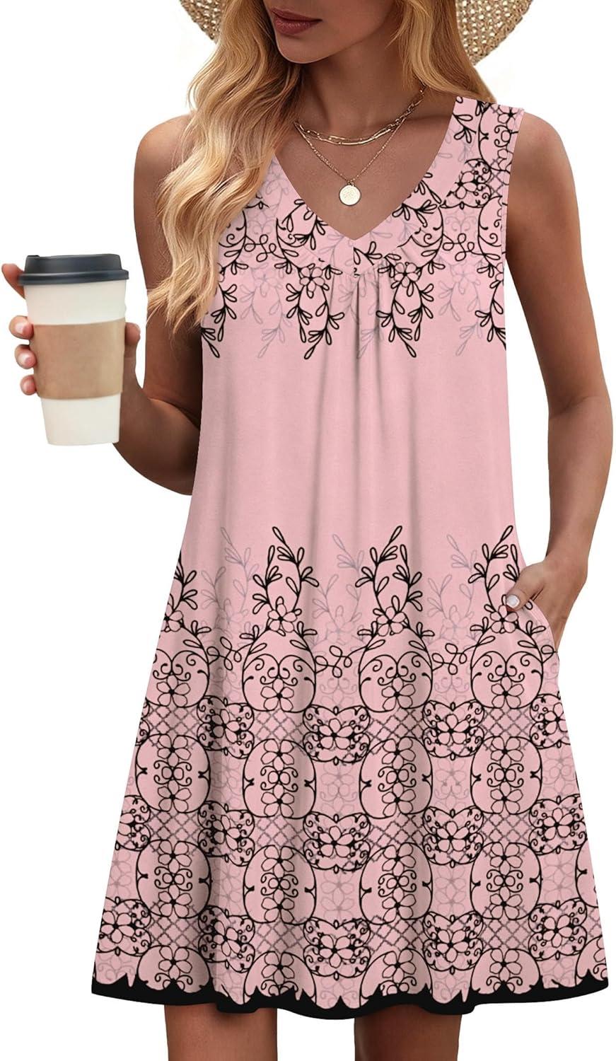 imageZeagoo Summer Dresses for Women 2026 Sleeveless Dress V Neck Tank Dress Pleated Floral Tshirt Sundresses with PocketsPink Print