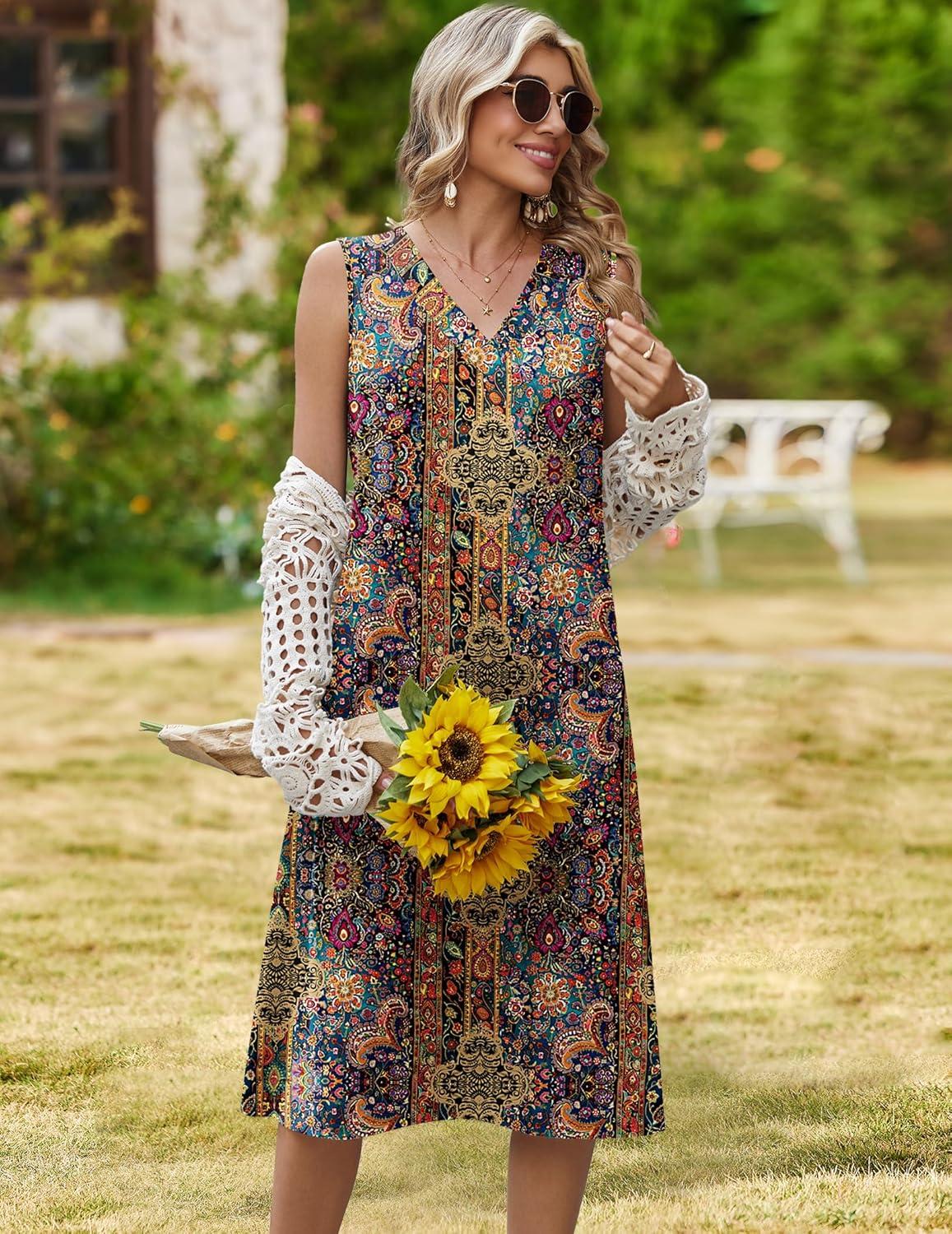 imageZeagoo Summer Dresses for Women 2026 Sleeveless V Neck Casual Midi Tank Dress Beach Vacation Sundresses with Pockets01mz721