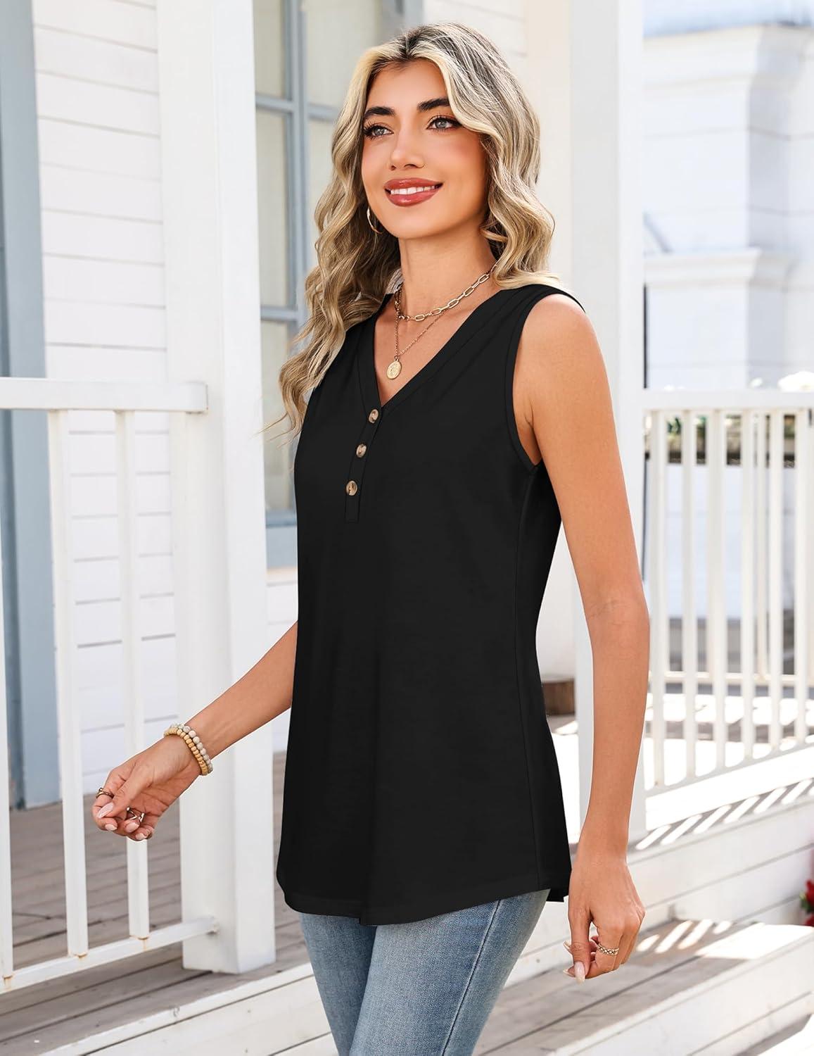imageZeagoo Tank Tops for Women 2026 Summer Top Henley Shirts Dressy Casual Loose Fit VNeck Button Down Sleeveless Tshirt BlouseBlack