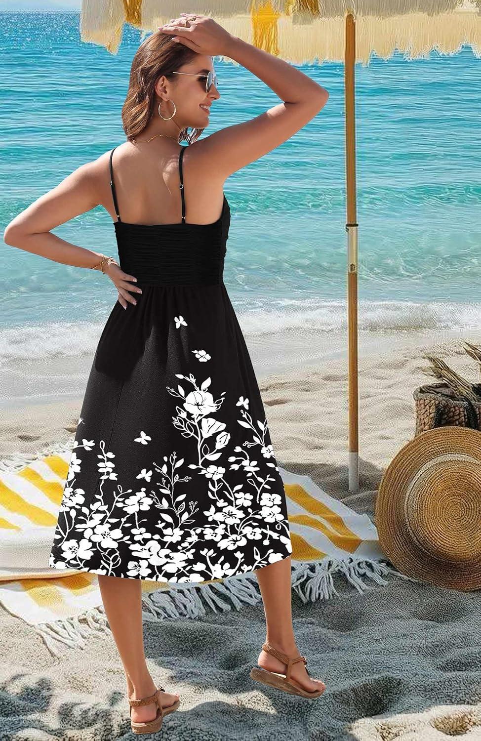 imageZeagoo Women 2026 Summer Adjustable Spaghetti Strap Sundress Casual Ruched Floral V Neck Midi Flowy Beach Dress with PocketsBlack Floral
