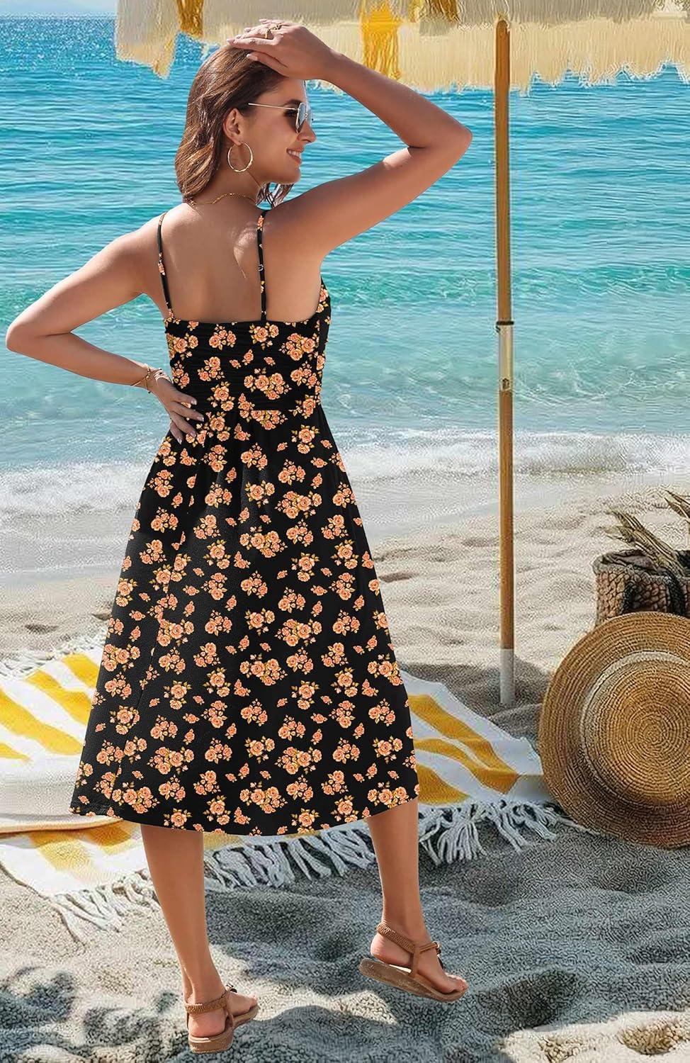 imageZeagoo Women 2026 Summer Adjustable Spaghetti Strap Sundress Casual Ruched Floral V Neck Midi Flowy Beach Dress with PocketsBlack Orange Floral