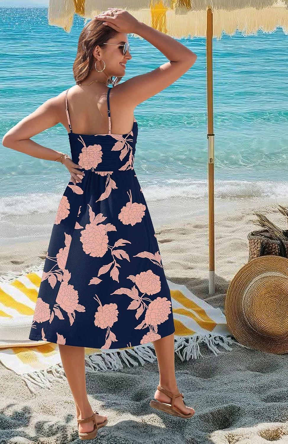 imageZeagoo Women 2026 Summer Adjustable Spaghetti Strap Sundress Casual Ruched Floral V Neck Midi Flowy Beach Dress with PocketsBlack Pink Floral