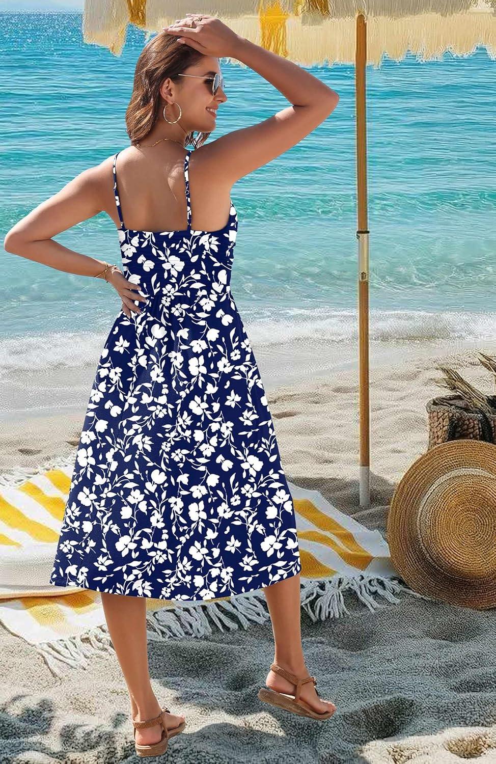 imageZeagoo Women 2026 Summer Adjustable Spaghetti Strap Sundress Casual Ruched Floral V Neck Midi Flowy Beach Dress with PocketsBlue White Floral