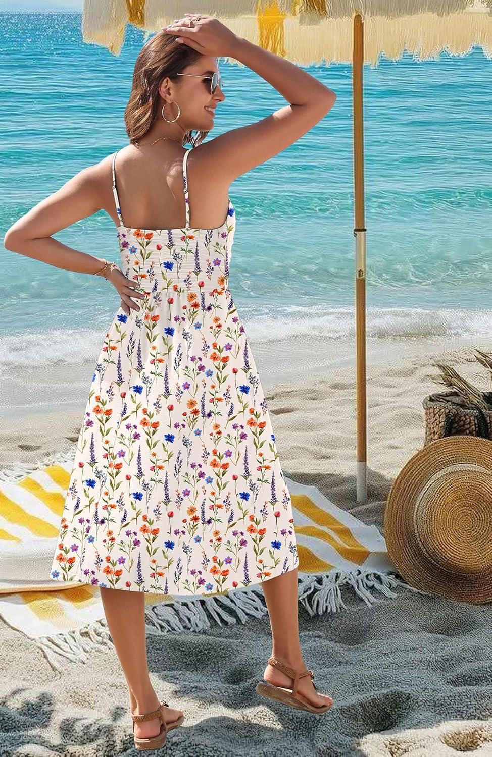 imageZeagoo Women 2026 Summer Adjustable Spaghetti Strap Sundress Casual Ruched Floral V Neck Midi Flowy Beach Dress with PocketsColorful Floral