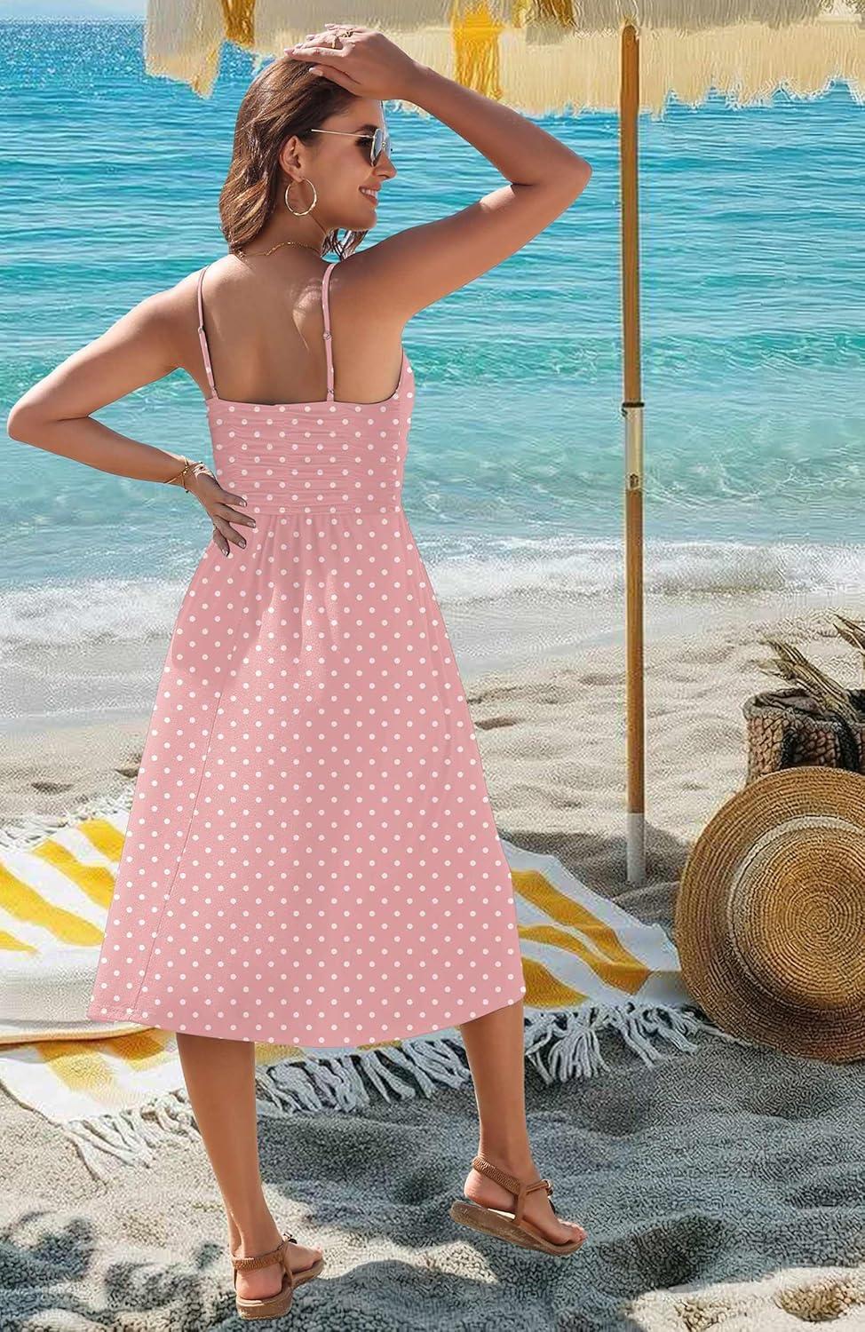 imageZeagoo Women 2026 Summer Adjustable Spaghetti Strap Sundress Casual Ruched Floral V Neck Midi Flowy Beach Dress with PocketsPink Polka Dots