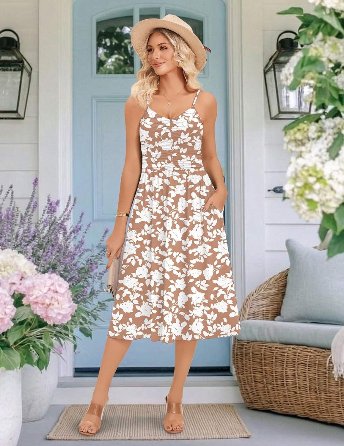 imageZeagoo Women 2026 Summer Adjustable Spaghetti Strap Sundress Casual Ruched Floral V Neck Midi Flowy Beach Dress with PocketsPink White Floral