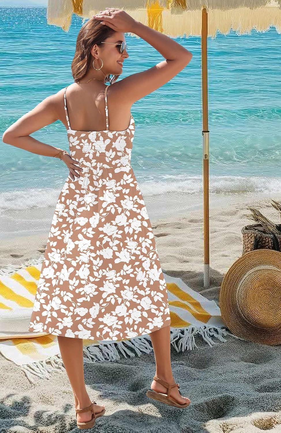 imageZeagoo Women 2026 Summer Adjustable Spaghetti Strap Sundress Casual Ruched Floral V Neck Midi Flowy Beach Dress with PocketsPink White Floral