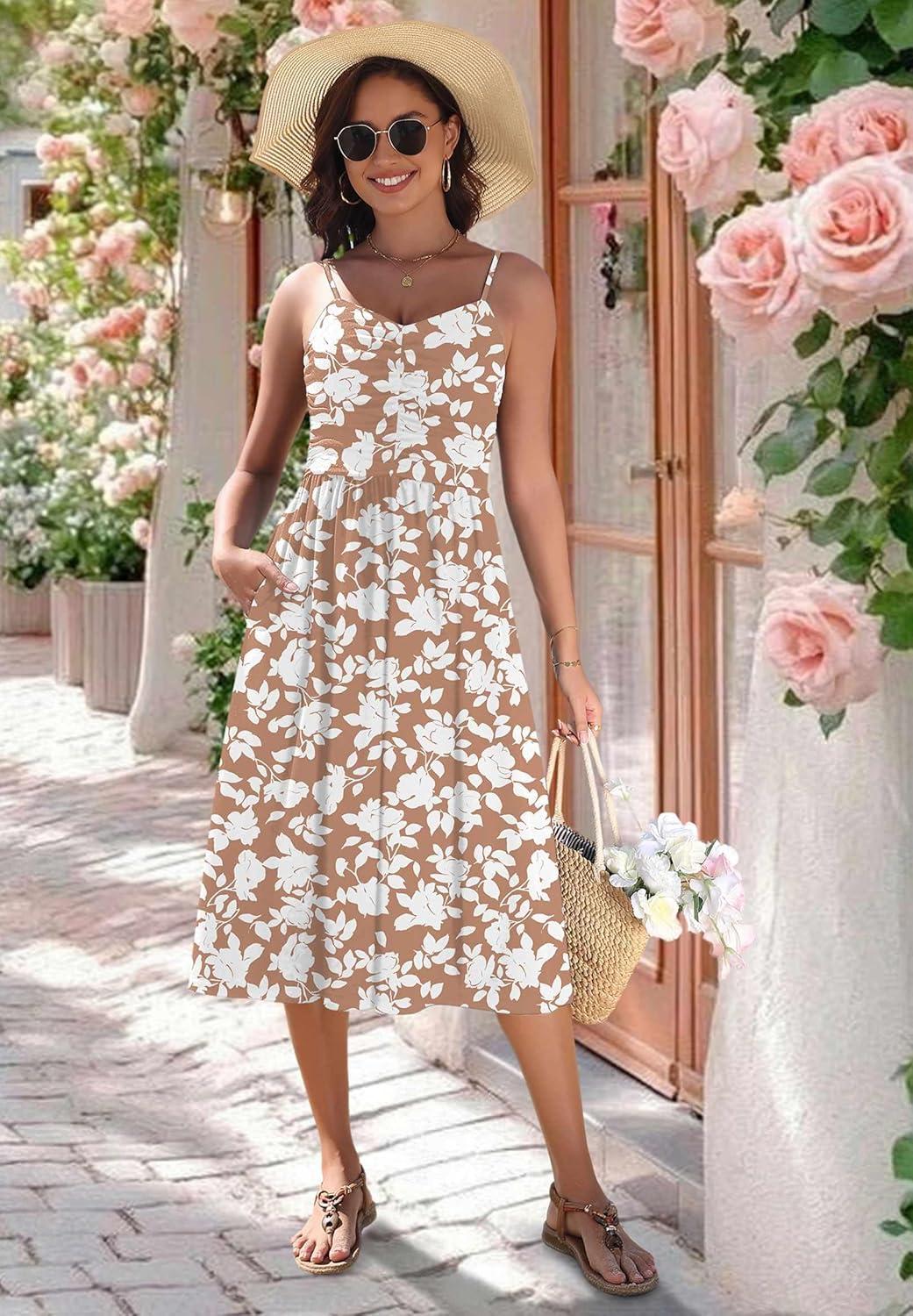 imageZeagoo Women 2026 Summer Adjustable Spaghetti Strap Sundress Casual Ruched Floral V Neck Midi Flowy Beach Dress with PocketsPink White Floral