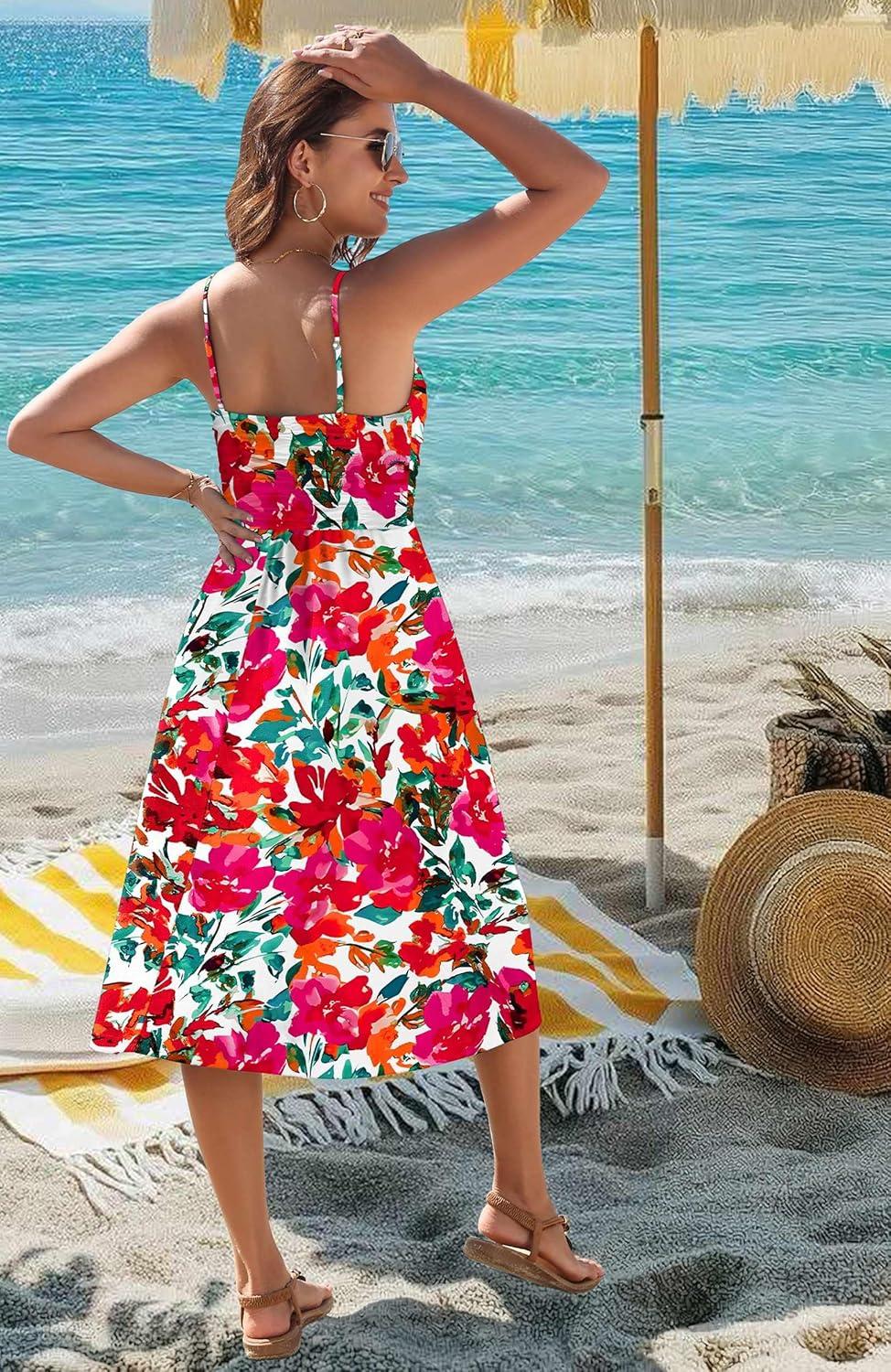 imageZeagoo Women 2026 Summer Adjustable Spaghetti Strap Sundress Casual Ruched Floral V Neck Midi Flowy Beach Dress with PocketsRed Floral