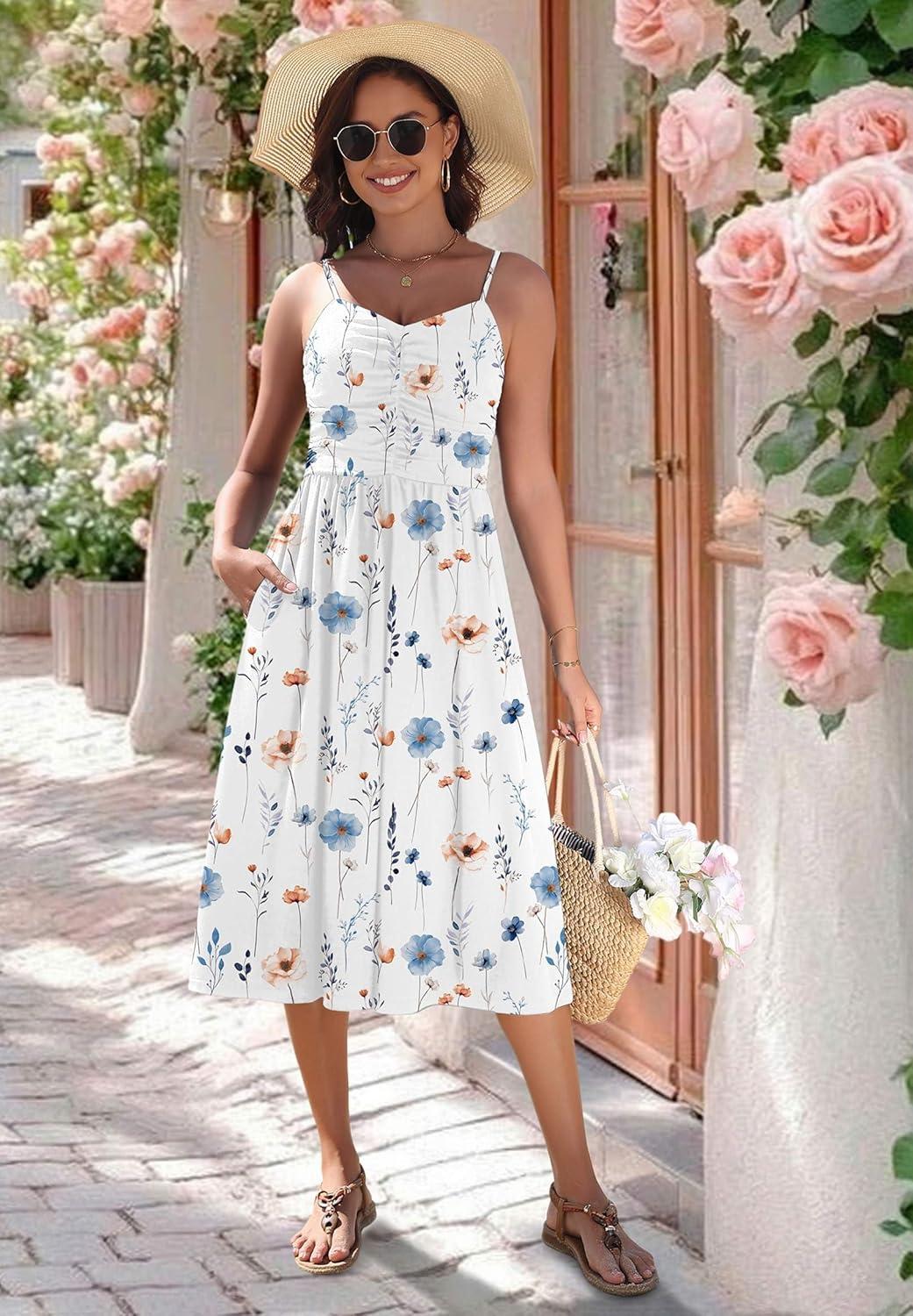 imageZeagoo Women 2026 Summer Adjustable Spaghetti Strap Sundress Casual Ruched Floral V Neck Midi Flowy Beach Dress with PocketsWhite Floral