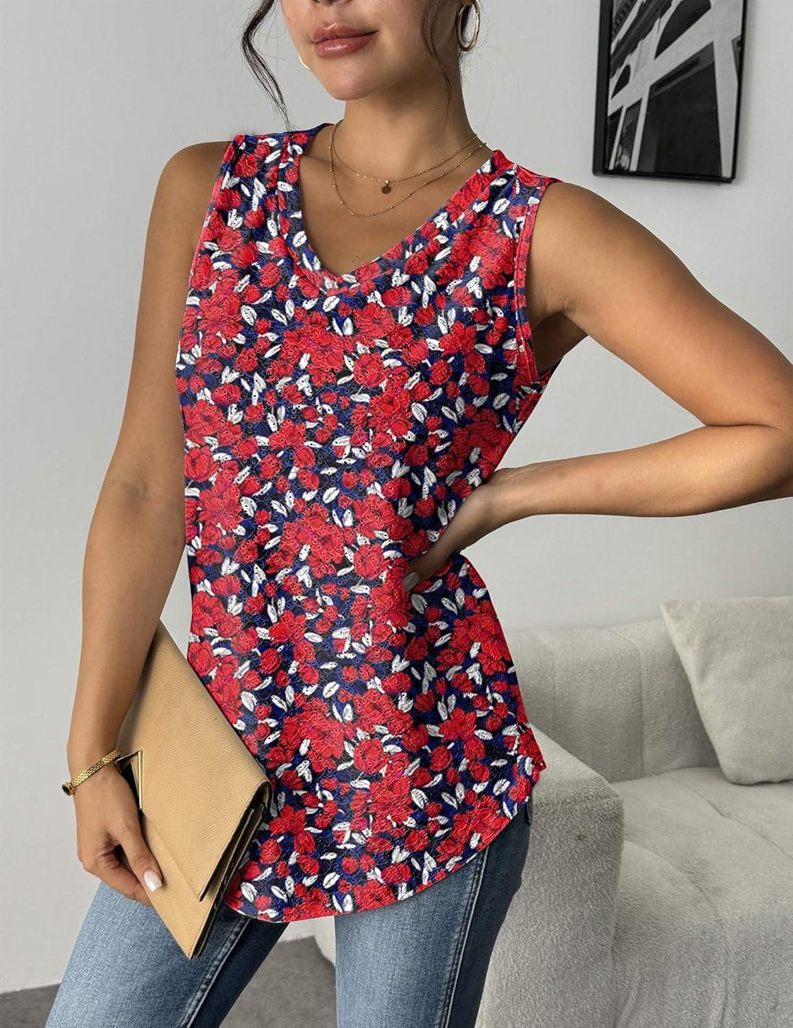 imageZeagoo Women Eyelet Tank Tops Sleeveless Shirts V Neck Cute Summer Top Loose Fit Camisole SXXLBlack Red Floral