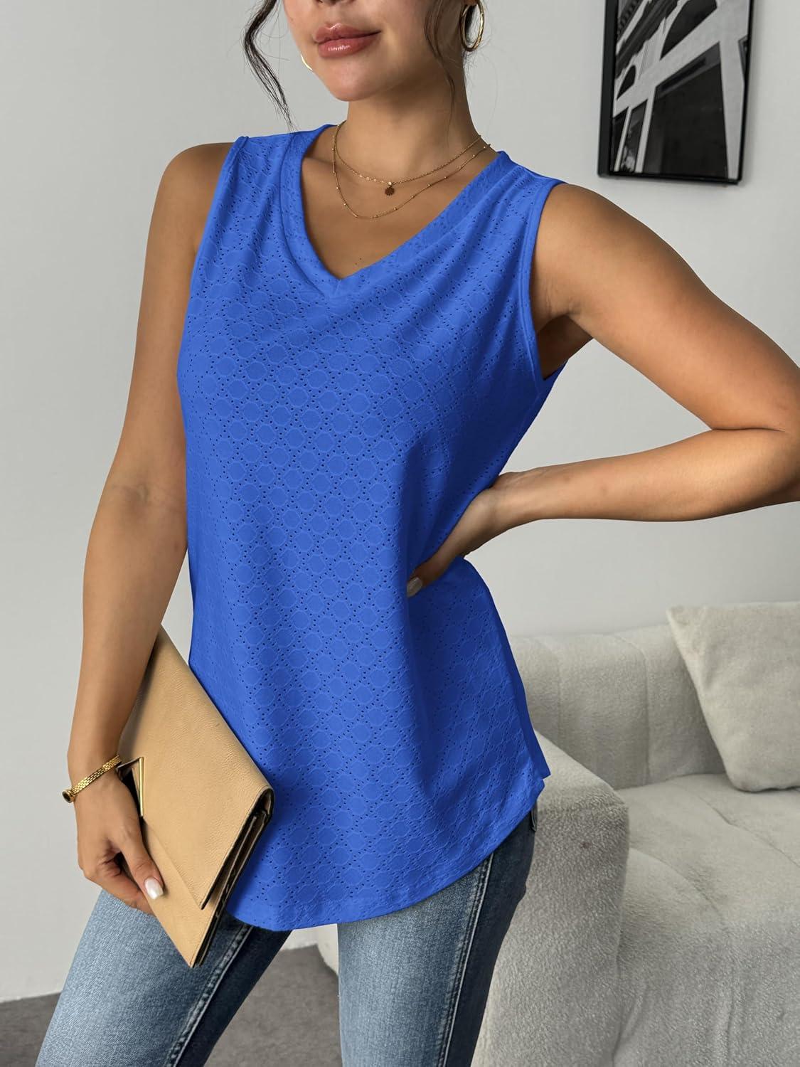 imageZeagoo Women Eyelet Tank Tops Sleeveless Shirts V Neck Cute Summer Top Loose Fit Camisole SXXLBlue