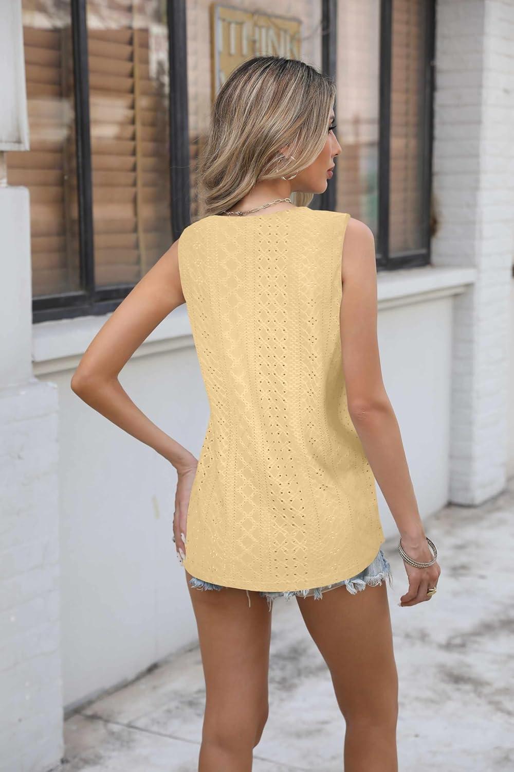 imageZeagoo Women Eyelet Tank Tops Sleeveless Shirts V Neck Cute Summer Top Loose Fit Camisole SXXLGoose Yellow