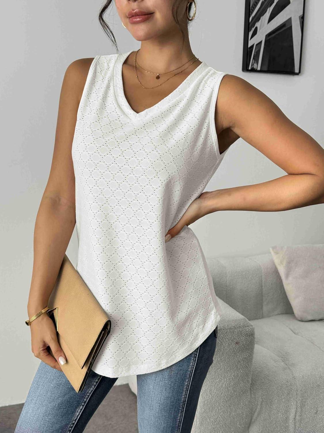 imageZeagoo Women Eyelet Tank Tops Sleeveless Shirts V Neck Cute Summer Top Loose Fit Camisole SXXLWhite
