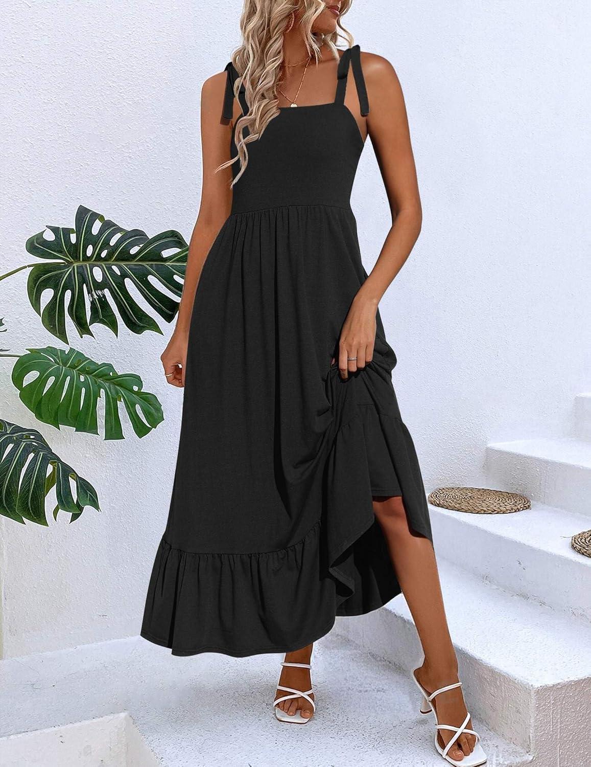 imageZeagoo Women Summer Maxi Dress with Pockets 2025 Spaghetti Strap Sundress Casual Flowy Boho Dress Floral Tiered Beach DressAblack
