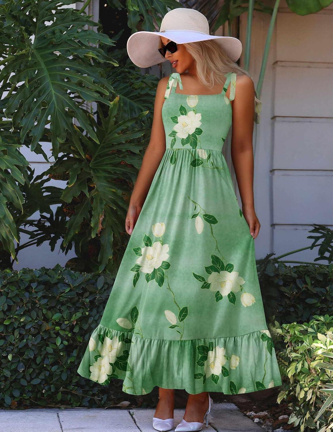 imageZeagoo Women Summer Maxi Dress with Pockets 2025 Spaghetti Strap Sundress Casual Flowy Boho Dress Floral Tiered Beach DressFloral3