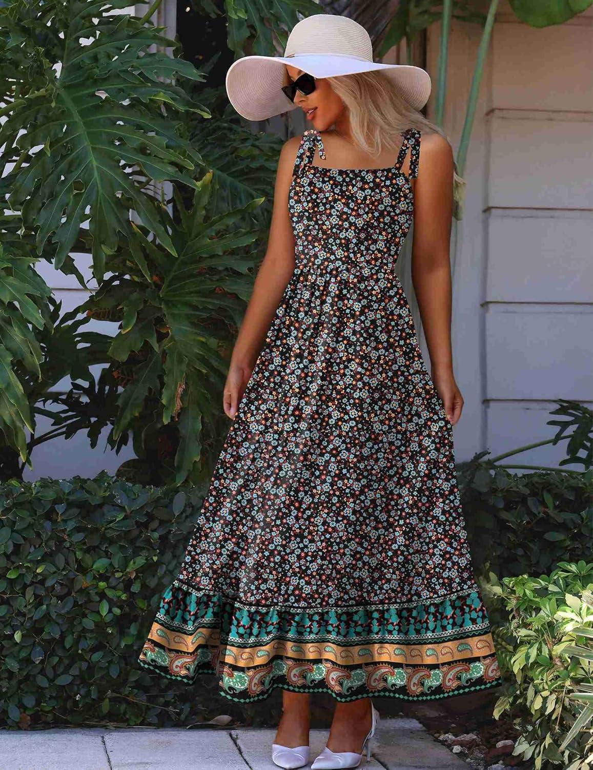 imageZeagoo Women Summer Maxi Dress with Pockets 2025 Spaghetti Strap Sundress Casual Flowy Boho Dress Floral Tiered Beach DressFloral6