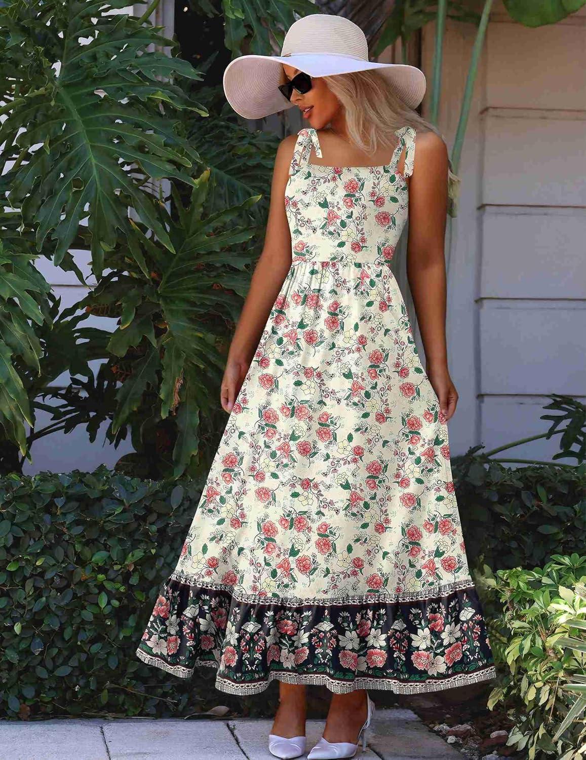 imageZeagoo Women Summer Maxi Dress with Pockets 2025 Spaghetti Strap Sundress Casual Flowy Boho Dress Floral Tiered Beach DressFloral8