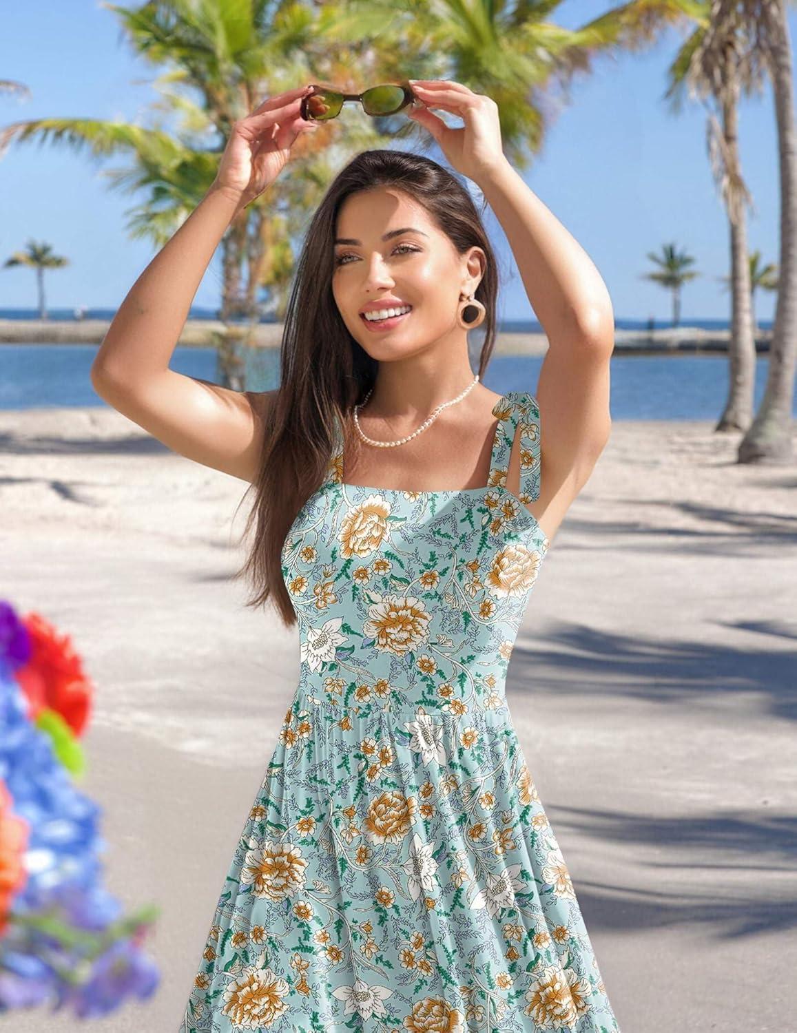 imageZeagoo Women Summer Maxi Dress with Pockets 2025 Spaghetti Strap Sundress Casual Flowy Boho Dress Floral Tiered Beach DressGreen Flower