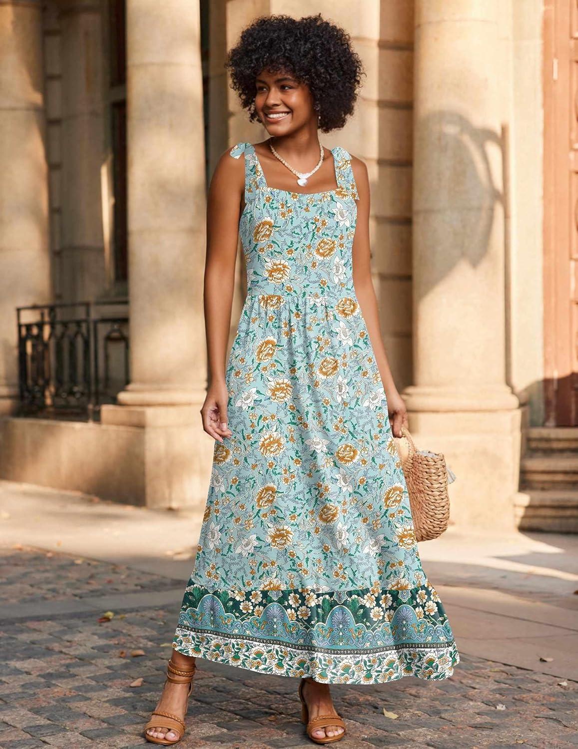 imageZeagoo Women Summer Maxi Dress with Pockets 2025 Spaghetti Strap Sundress Casual Flowy Boho Dress Floral Tiered Beach DressGreen Flower