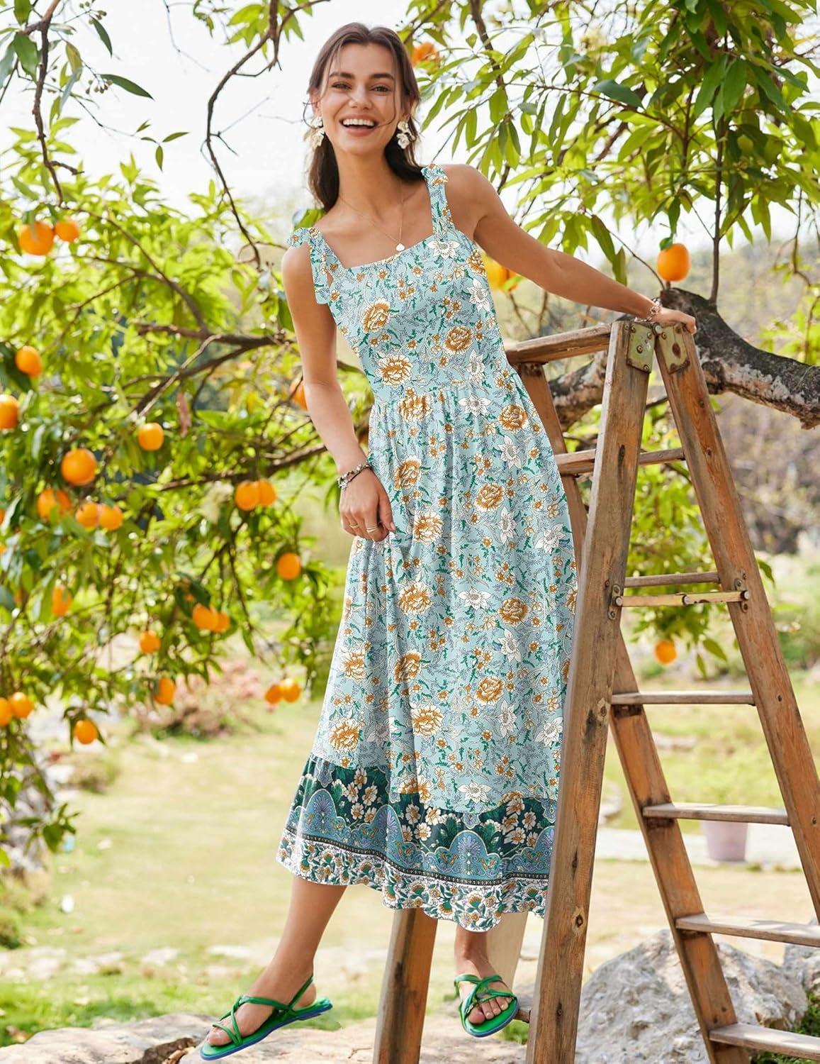 imageZeagoo Women Summer Maxi Dress with Pockets 2025 Spaghetti Strap Sundress Casual Flowy Boho Dress Floral Tiered Beach DressGreen Flower