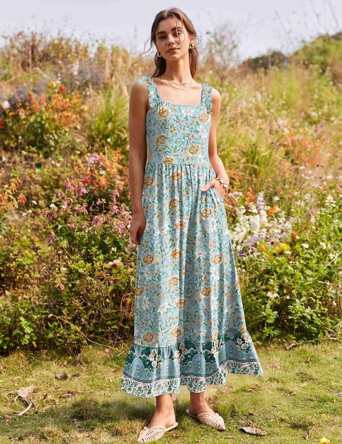 imageZeagoo Women Summer Maxi Dress with Pockets 2025 Spaghetti Strap Sundress Casual Flowy Boho Dress Floral Tiered Beach DressGreen Flower