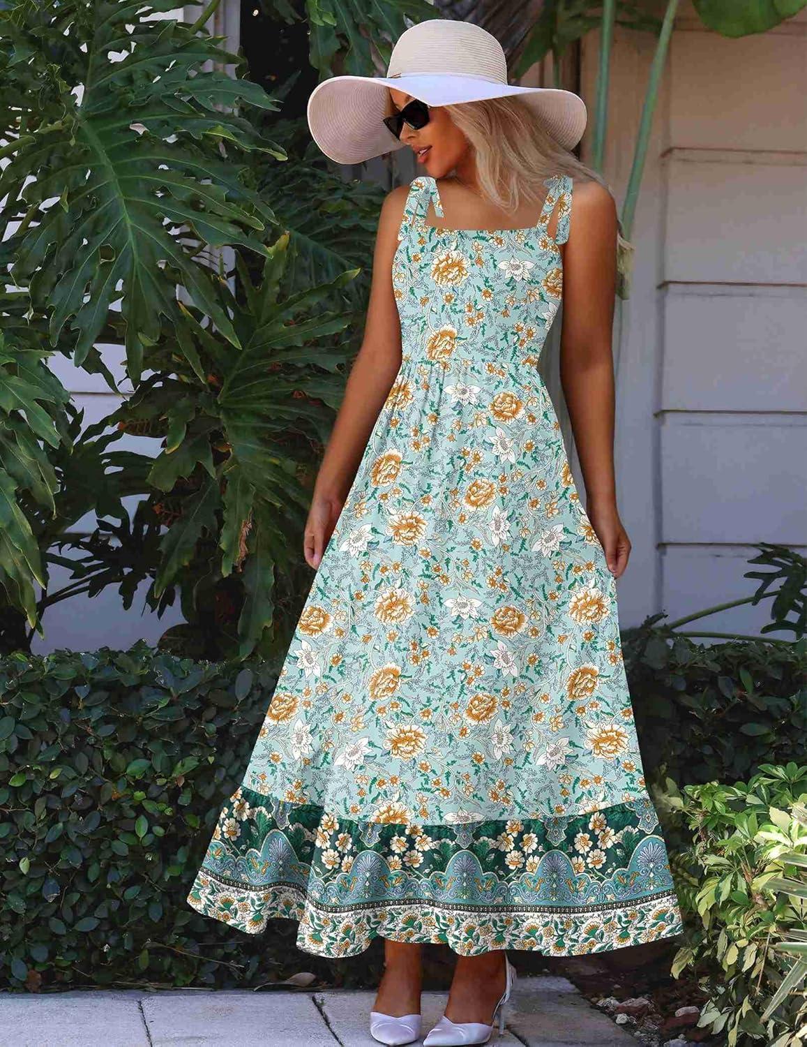 imageZeagoo Women Summer Maxi Dress with Pockets 2025 Spaghetti Strap Sundress Casual Flowy Boho Dress Floral Tiered Beach DressGreen Flower