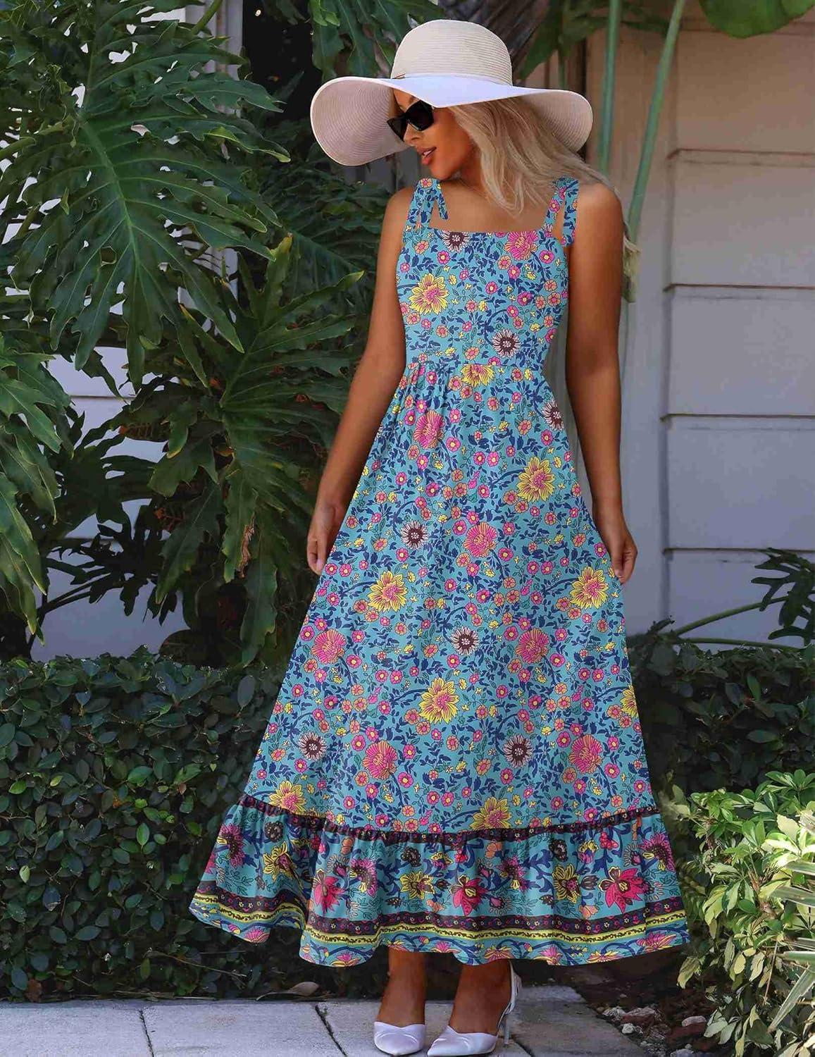 imageZeagoo Women Summer Maxi Dress with Pockets 2025 Spaghetti Strap Sundress Casual Flowy Boho Dress Floral Tiered Beach DressPattern1