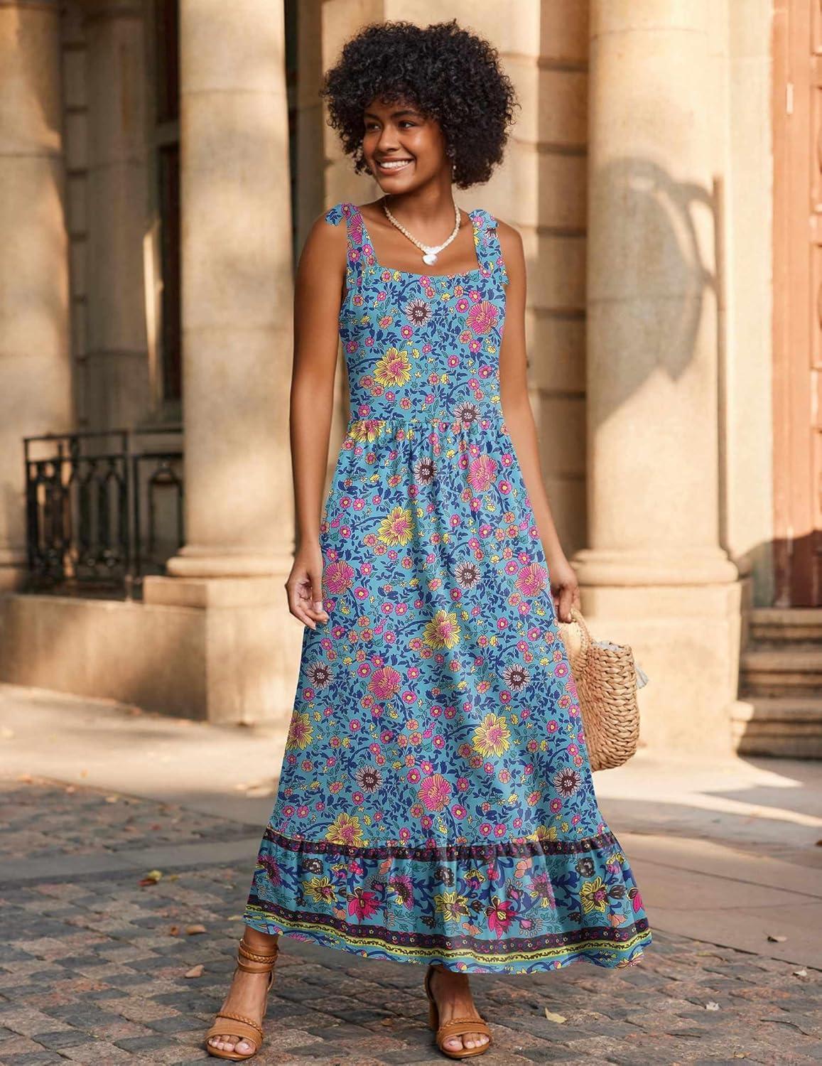 imageZeagoo Women Summer Maxi Dress with Pockets 2025 Spaghetti Strap Sundress Casual Flowy Boho Dress Floral Tiered Beach DressPattern1
