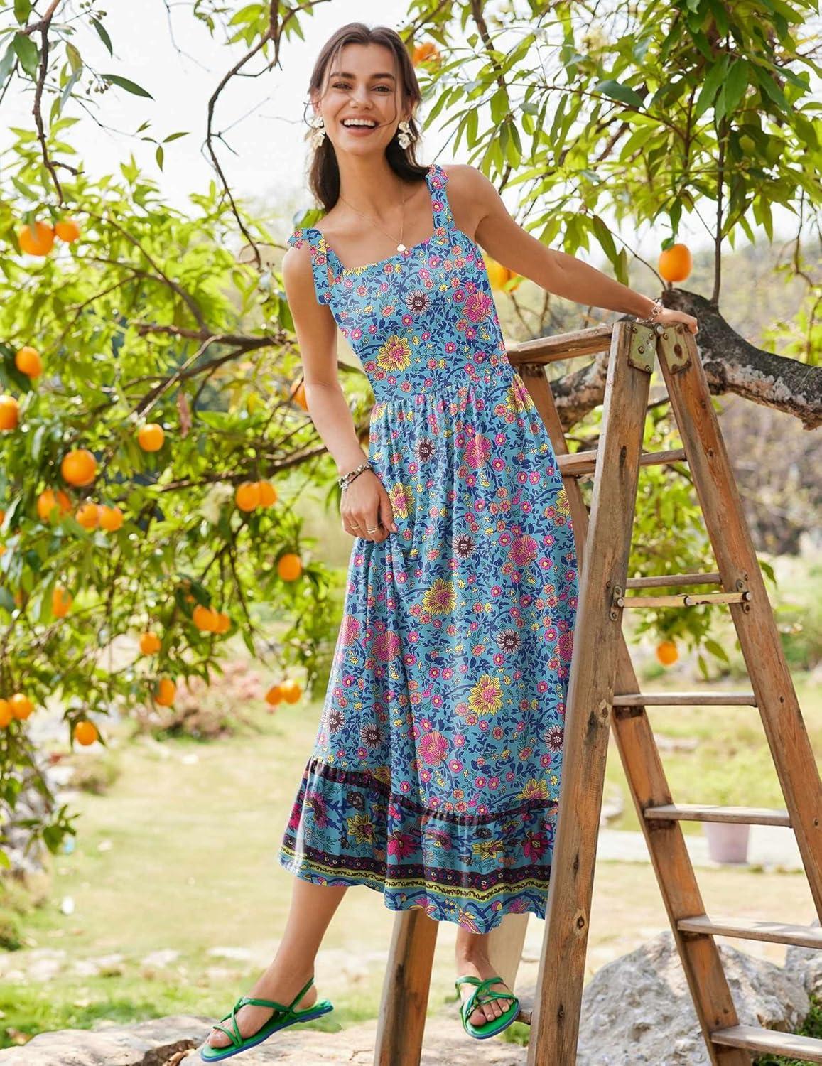 imageZeagoo Women Summer Maxi Dress with Pockets 2025 Spaghetti Strap Sundress Casual Flowy Boho Dress Floral Tiered Beach DressPattern1