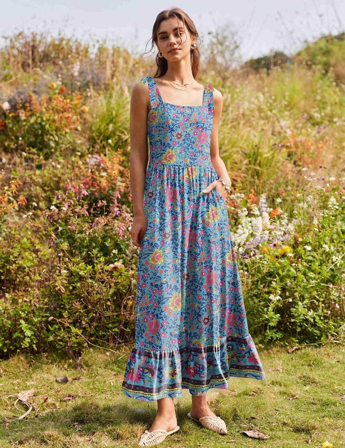 imageZeagoo Women Summer Maxi Dress with Pockets 2025 Spaghetti Strap Sundress Casual Flowy Boho Dress Floral Tiered Beach DressPattern1