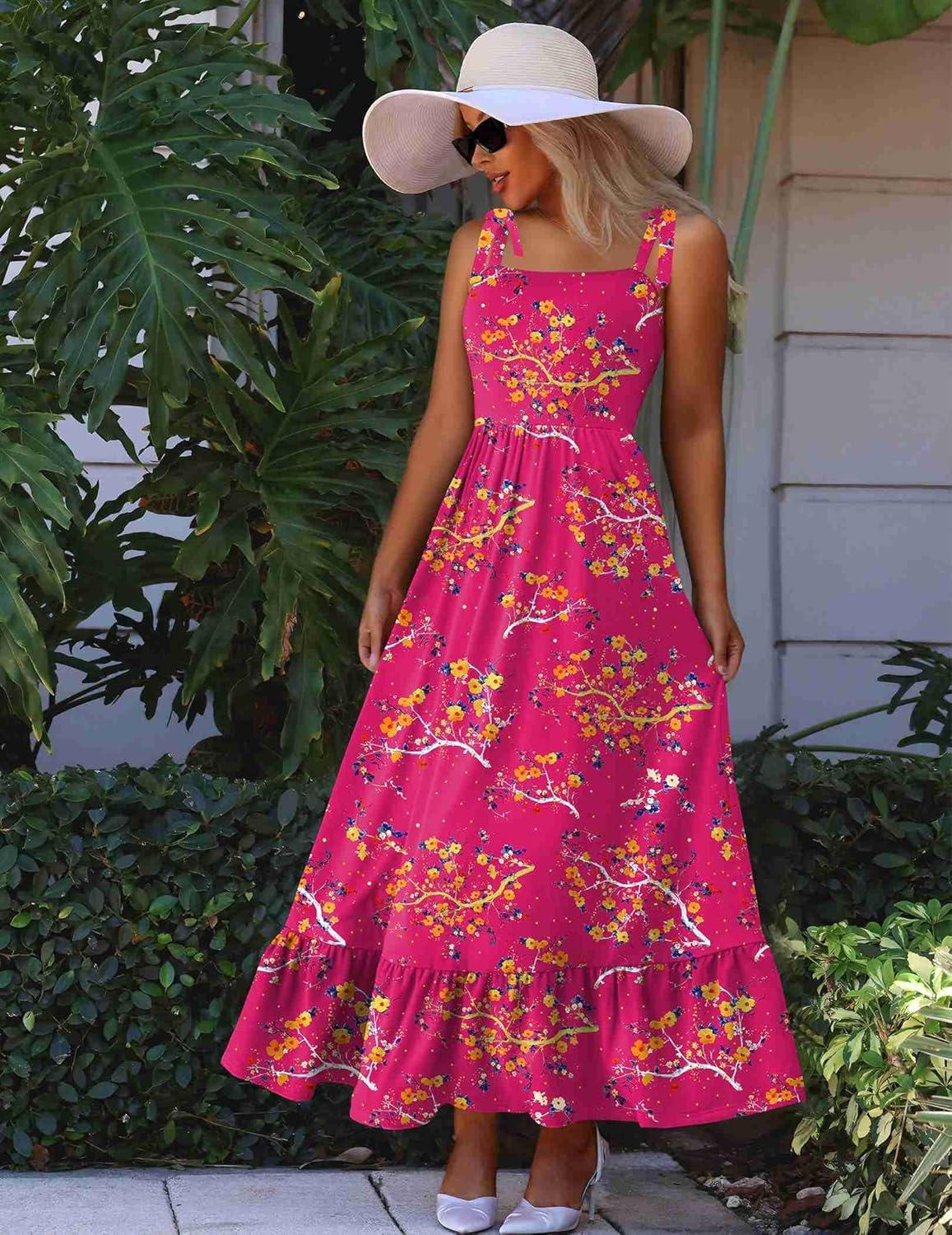 imageZeagoo Women Summer Maxi Dress with Pockets 2025 Spaghetti Strap Sundress Casual Flowy Boho Dress Floral Tiered Beach DressPattern10