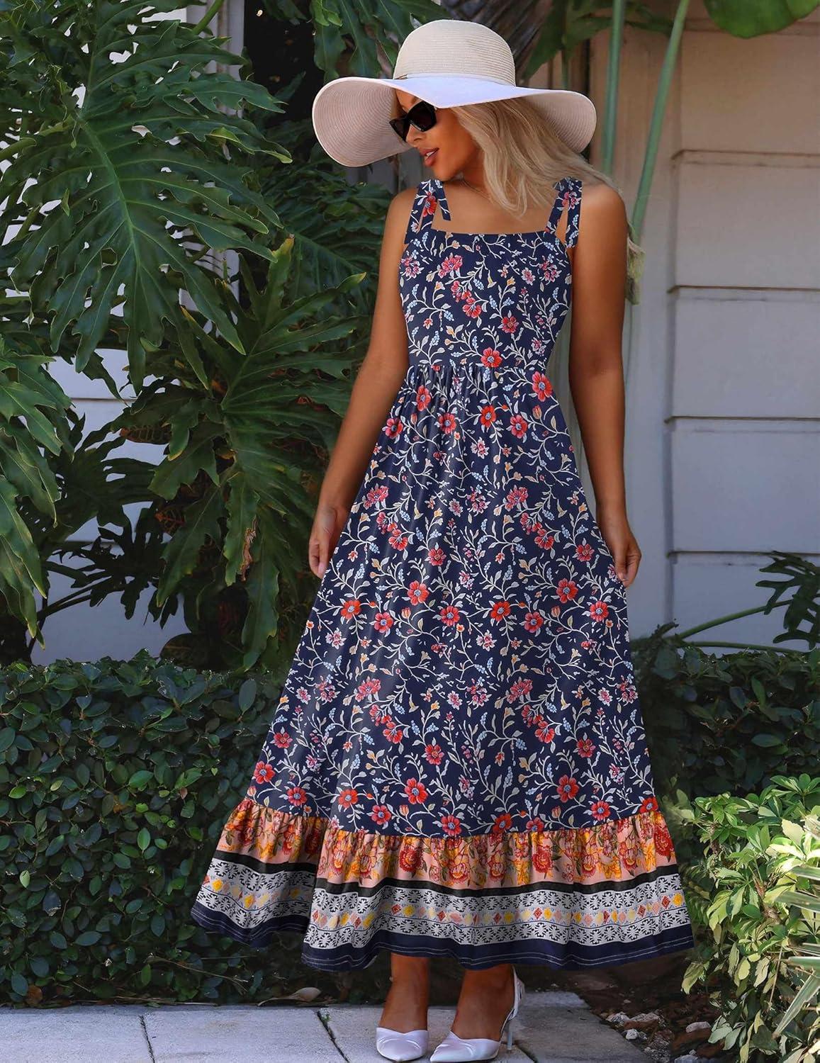 imageZeagoo Women Summer Maxi Dress with Pockets 2025 Spaghetti Strap Sundress Casual Flowy Boho Dress Floral Tiered Beach DressPattern11