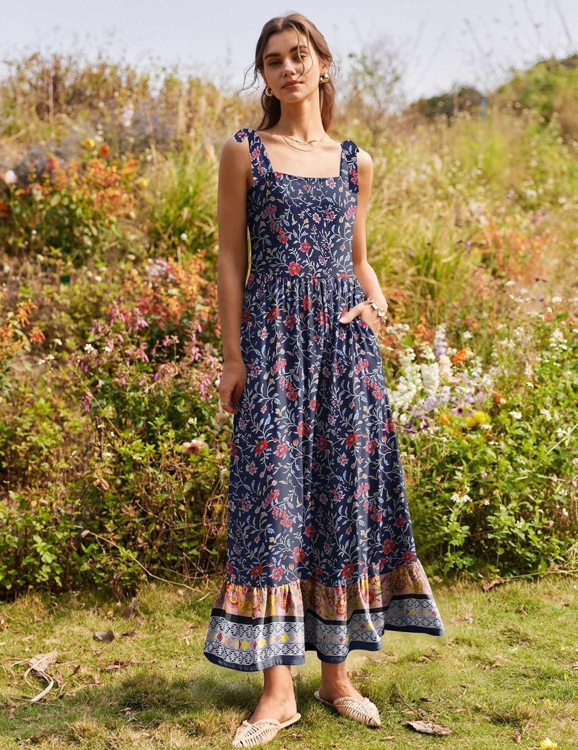 imageZeagoo Women Summer Maxi Dress with Pockets 2025 Spaghetti Strap Sundress Casual Flowy Boho Dress Floral Tiered Beach DressPattern11