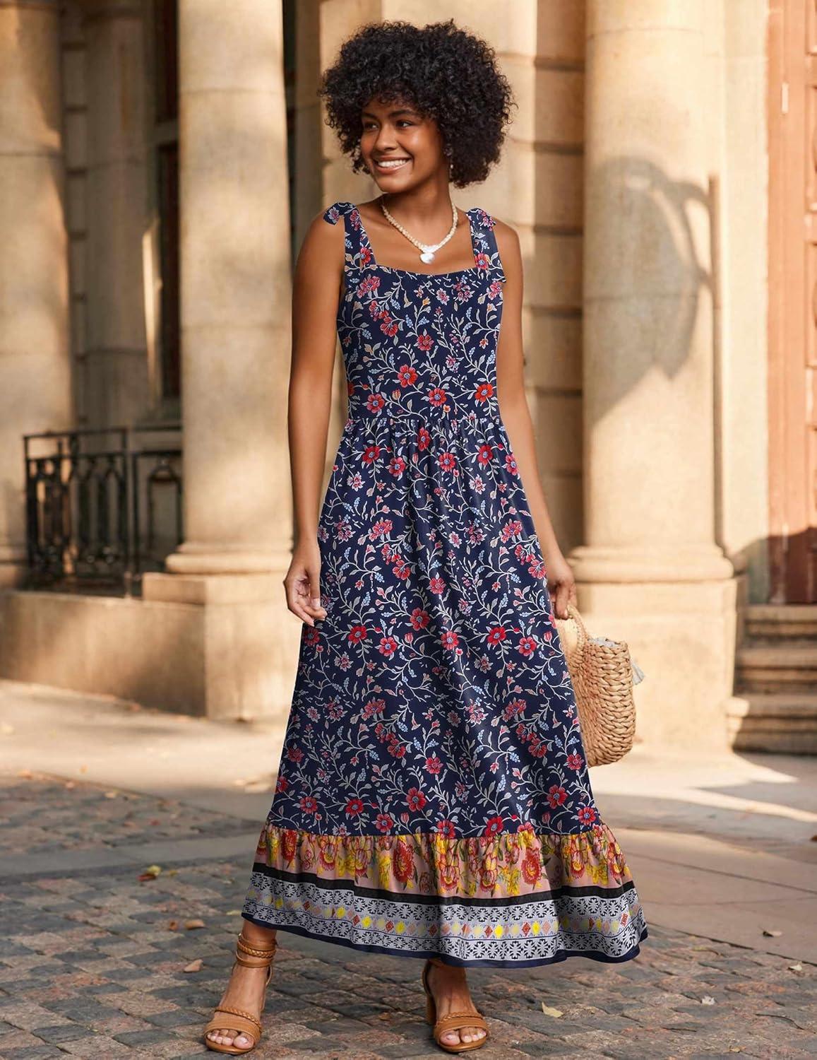 imageZeagoo Women Summer Maxi Dress with Pockets 2025 Spaghetti Strap Sundress Casual Flowy Boho Dress Floral Tiered Beach DressPattern11