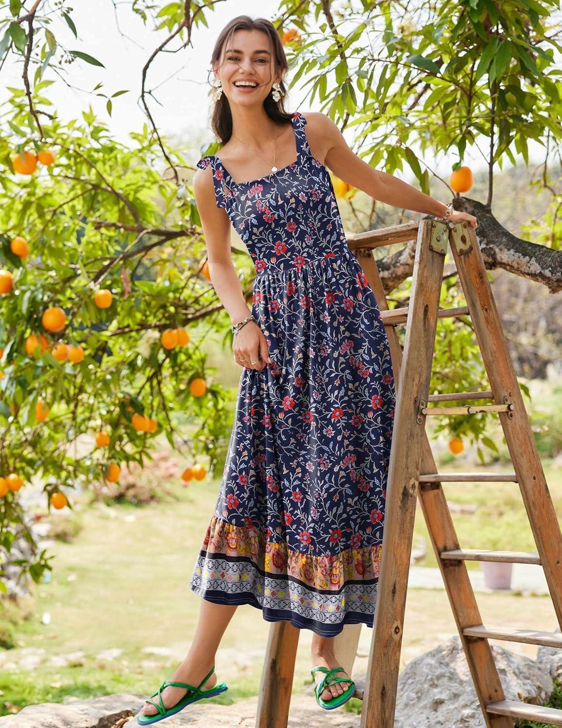 imageZeagoo Women Summer Maxi Dress with Pockets 2025 Spaghetti Strap Sundress Casual Flowy Boho Dress Floral Tiered Beach DressPattern11