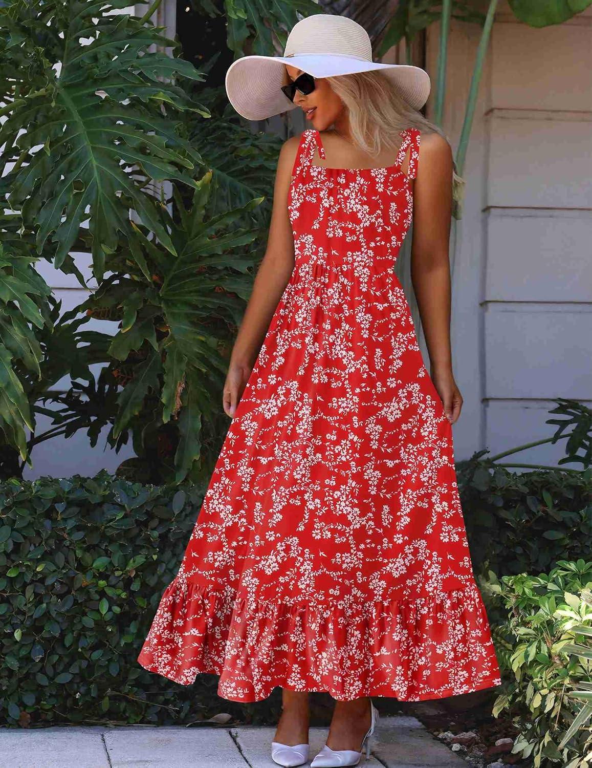 imageZeagoo Women Summer Maxi Dress with Pockets 2025 Spaghetti Strap Sundress Casual Flowy Boho Dress Floral Tiered Beach DressPattern2