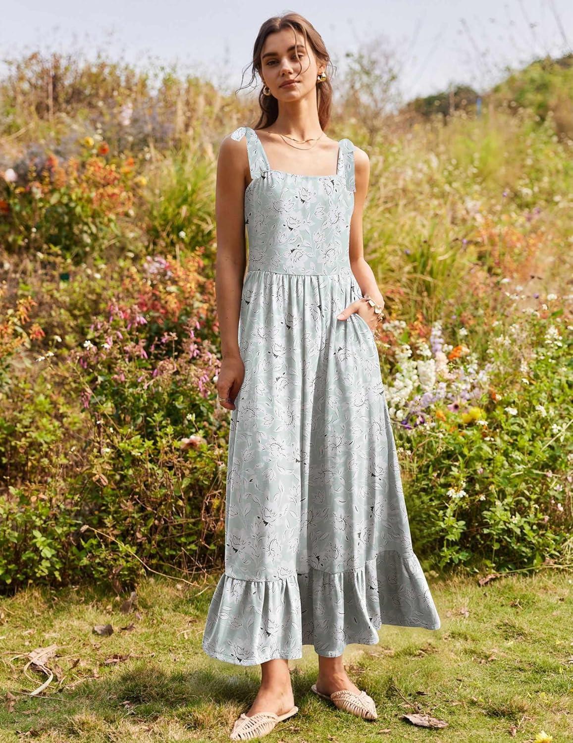imageZeagoo Women Summer Maxi Dress with Pockets 2025 Spaghetti Strap Sundress Casual Flowy Boho Dress Floral Tiered Beach DressPattern8
