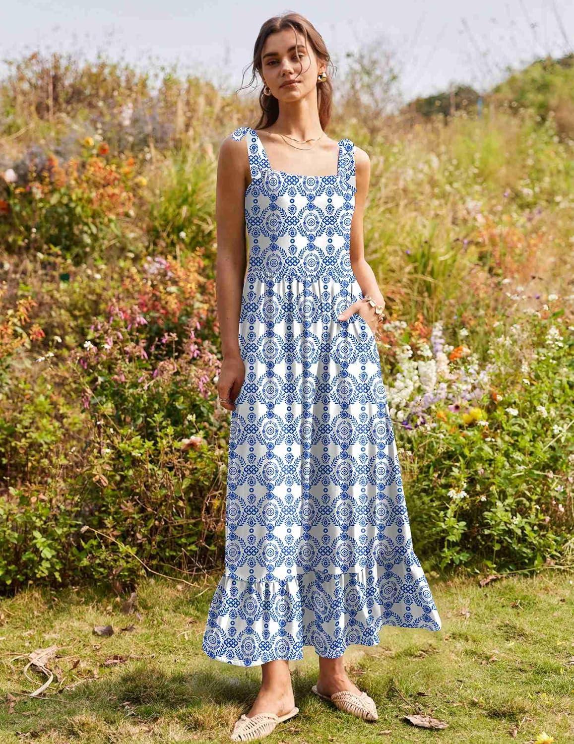 imageZeagoo Women Summer Maxi Dress with Pockets 2025 Spaghetti Strap Sundress Casual Flowy Boho Dress Floral Tiered Beach DressPattern9