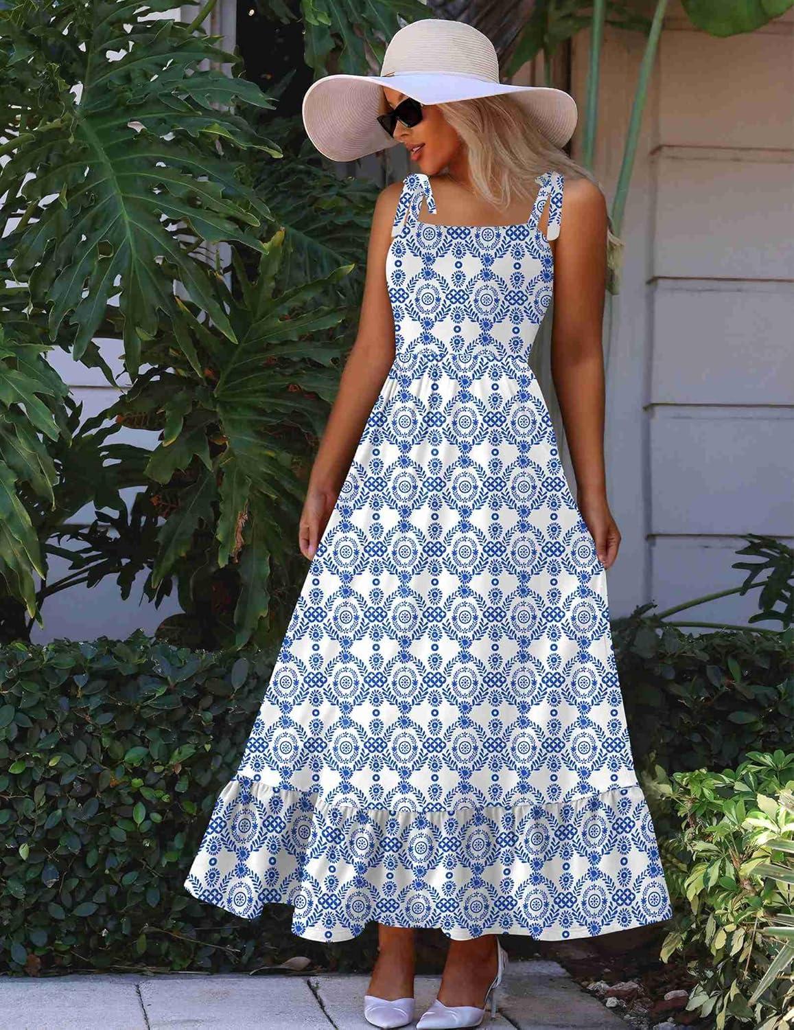 imageZeagoo Women Summer Maxi Dress with Pockets 2025 Spaghetti Strap Sundress Casual Flowy Boho Dress Floral Tiered Beach DressPattern9