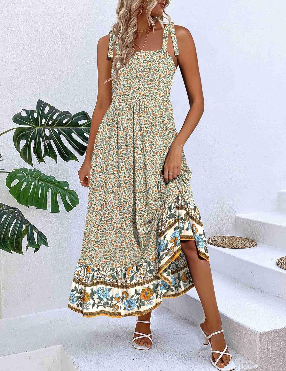 imageZeagoo Women Summer Maxi Dress with Pockets 2025 Spaghetti Strap Sundress Casual Flowy Boho Dress Floral Tiered Beach DressPink Flower