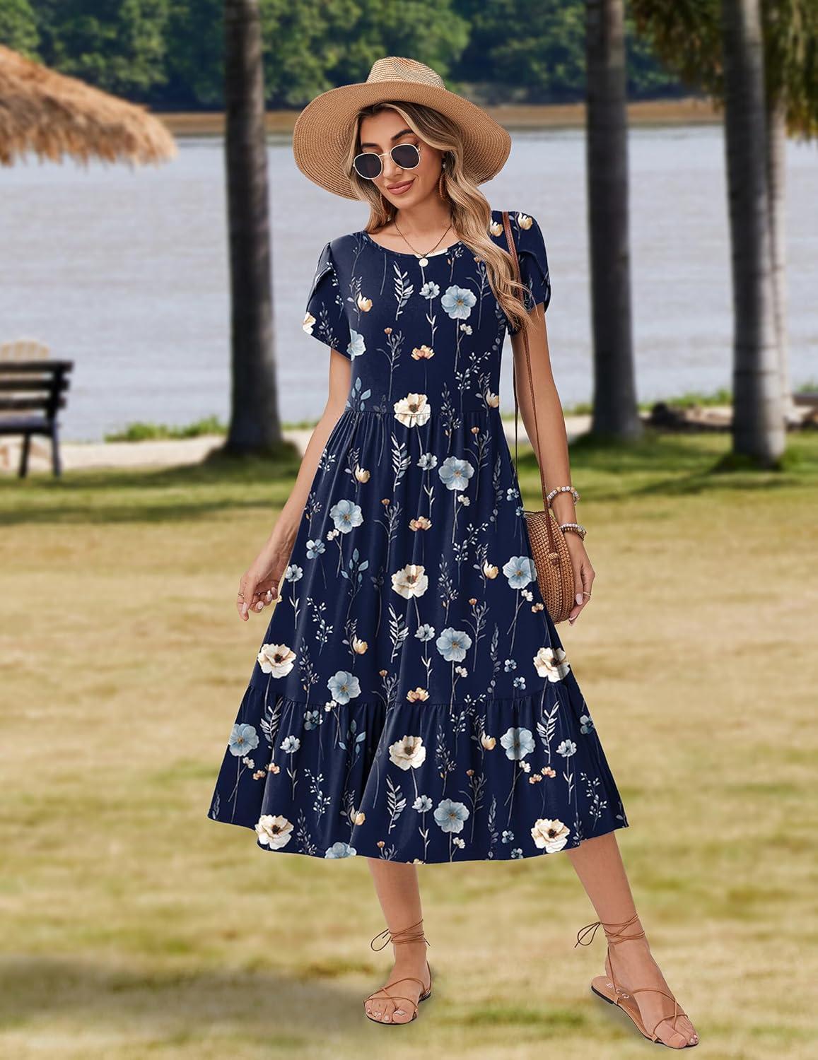 imageZeagoo Women Summer Midi A Line Dress Short Sleeve Casual Flowy Tiered Beach Long Sundress with Pockets 2026 Vacation TravelBf318