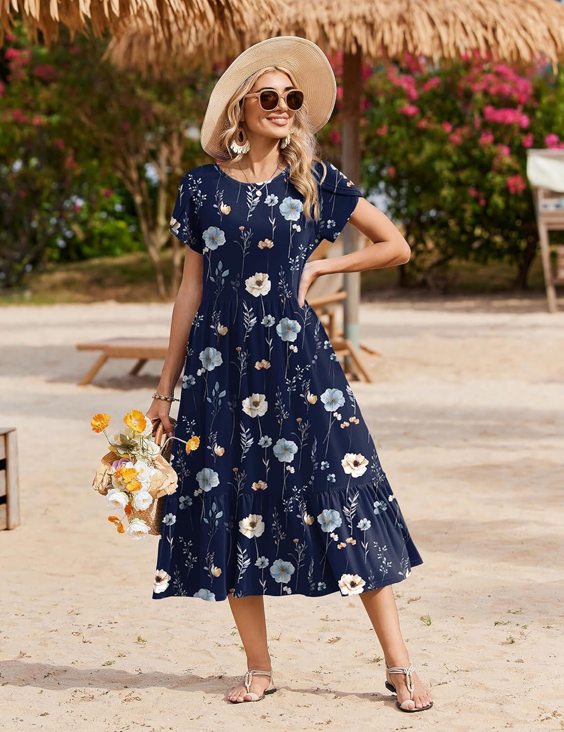 imageZeagoo Women Summer Midi A Line Dress Short Sleeve Casual Flowy Tiered Beach Long Sundress with Pockets 2026 Vacation TravelBf318