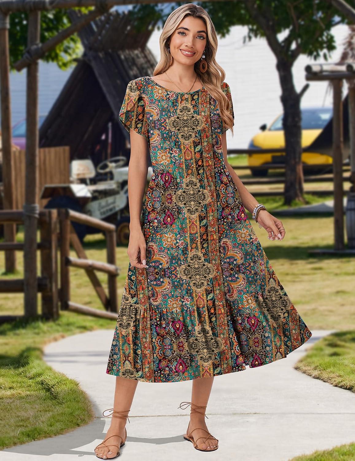 imageZeagoo Women Summer Midi A Line Dress Short Sleeve Casual Flowy Tiered Beach Long Sundress with Pockets 2026 Vacation TravelMz721